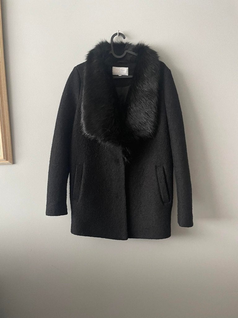 COSTES zwarte jas met bontkraag XS, Zwart, Ophalen of Verzenden, Zo goed als nieuw, Maat 34 (XS) of kleiner