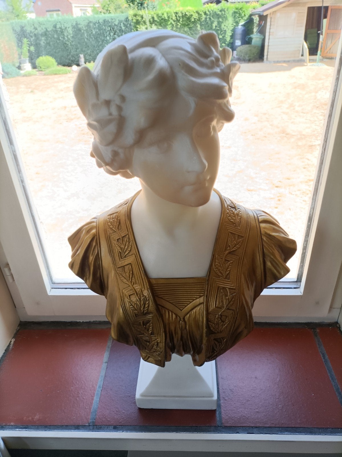 Antieke aparte grote marmeren buste met brons,, Enlèvement, Bronze