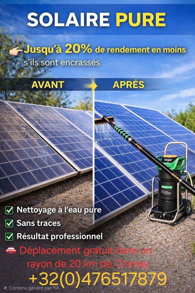 Nettoyage panneaux solaires – eau pure sans traces, Diensten en Vakmensen, Schoonmakers en Ramenwassers