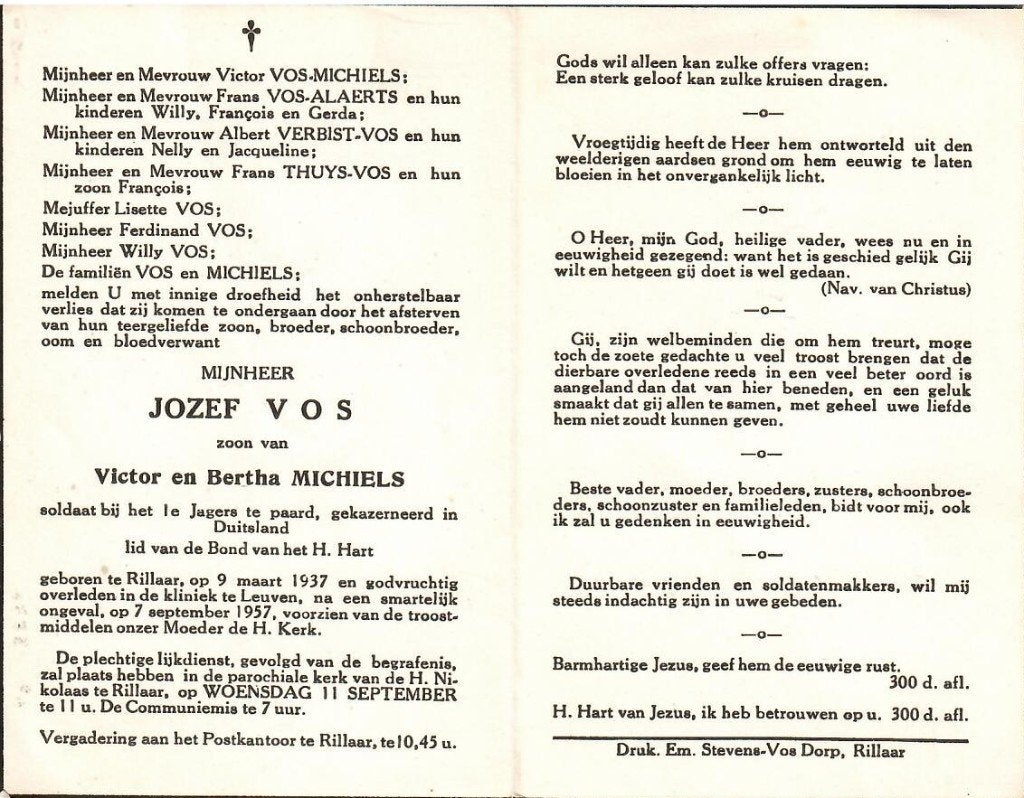 RP Jozef Vos 1937-1957 soldaat Jagers te Paard (D), Enlèvement ou Envoi