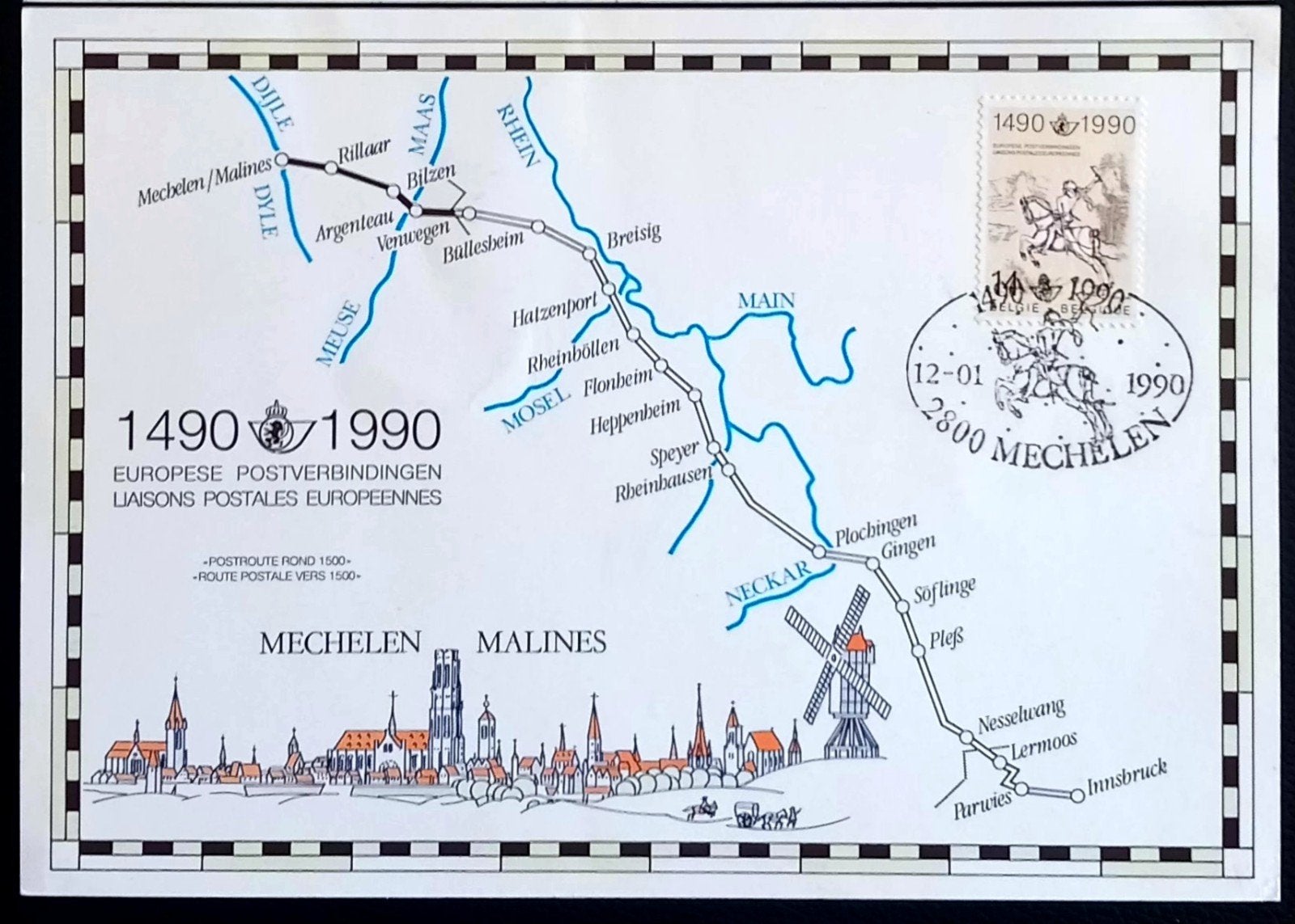 1990 Carte-souvenir  Liaison postale Malines - Innsbruck, Oblitéré, Affranchi, Oblitération 1er jour, Envoi