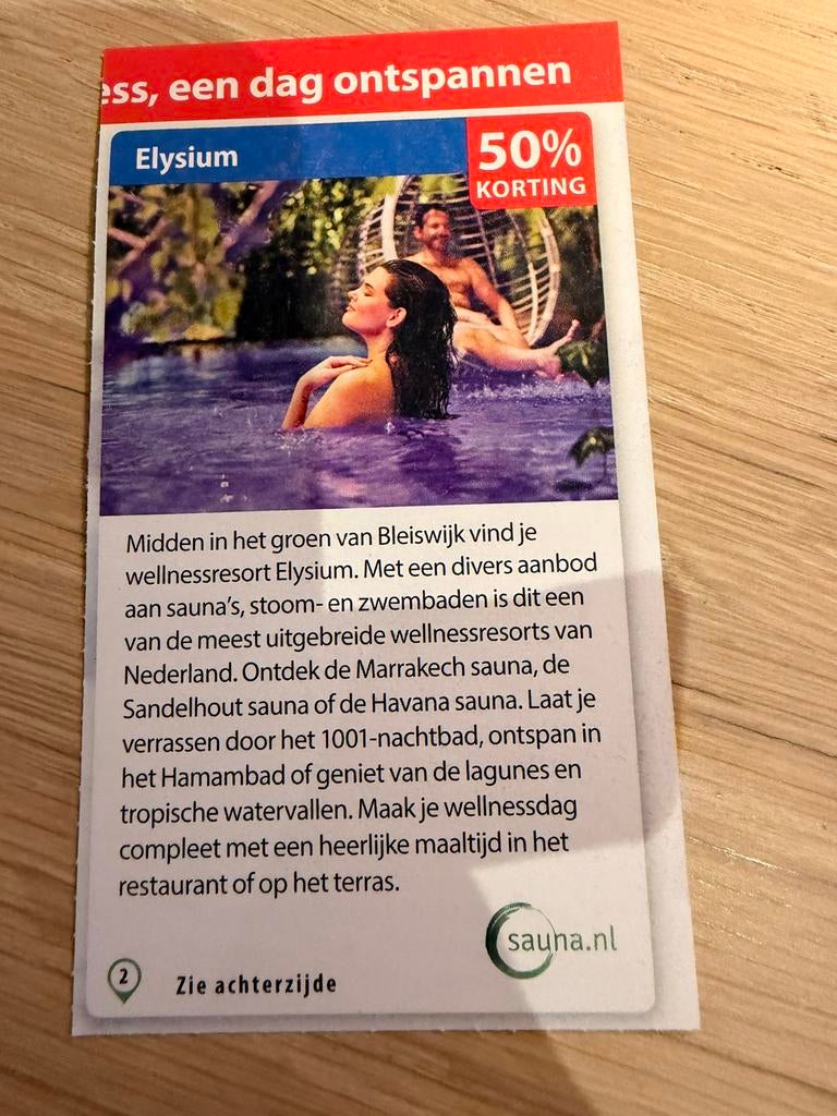 Kortingsbon voor wellnessresort Elysium., Ophalen of Verzenden, Nieuw, Overige typen