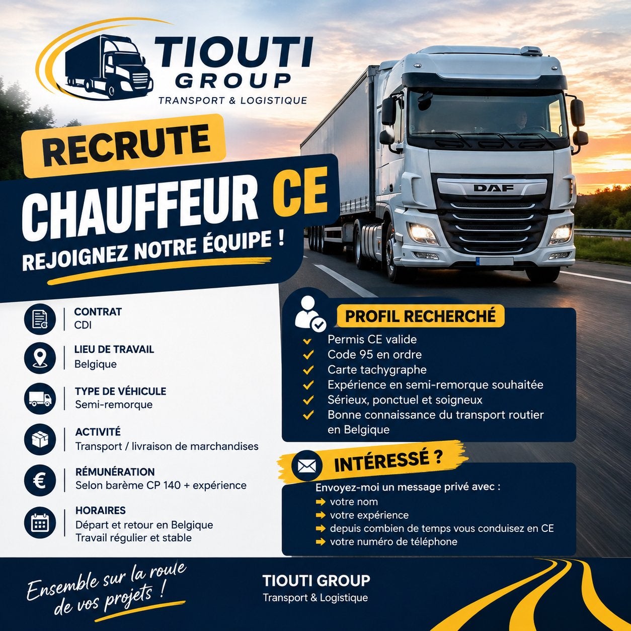 TIouti Group RECRUTE – CHAUFFEUR CE, Horaire variable, À partir de 1 an, Contrat à durée indéterminée
