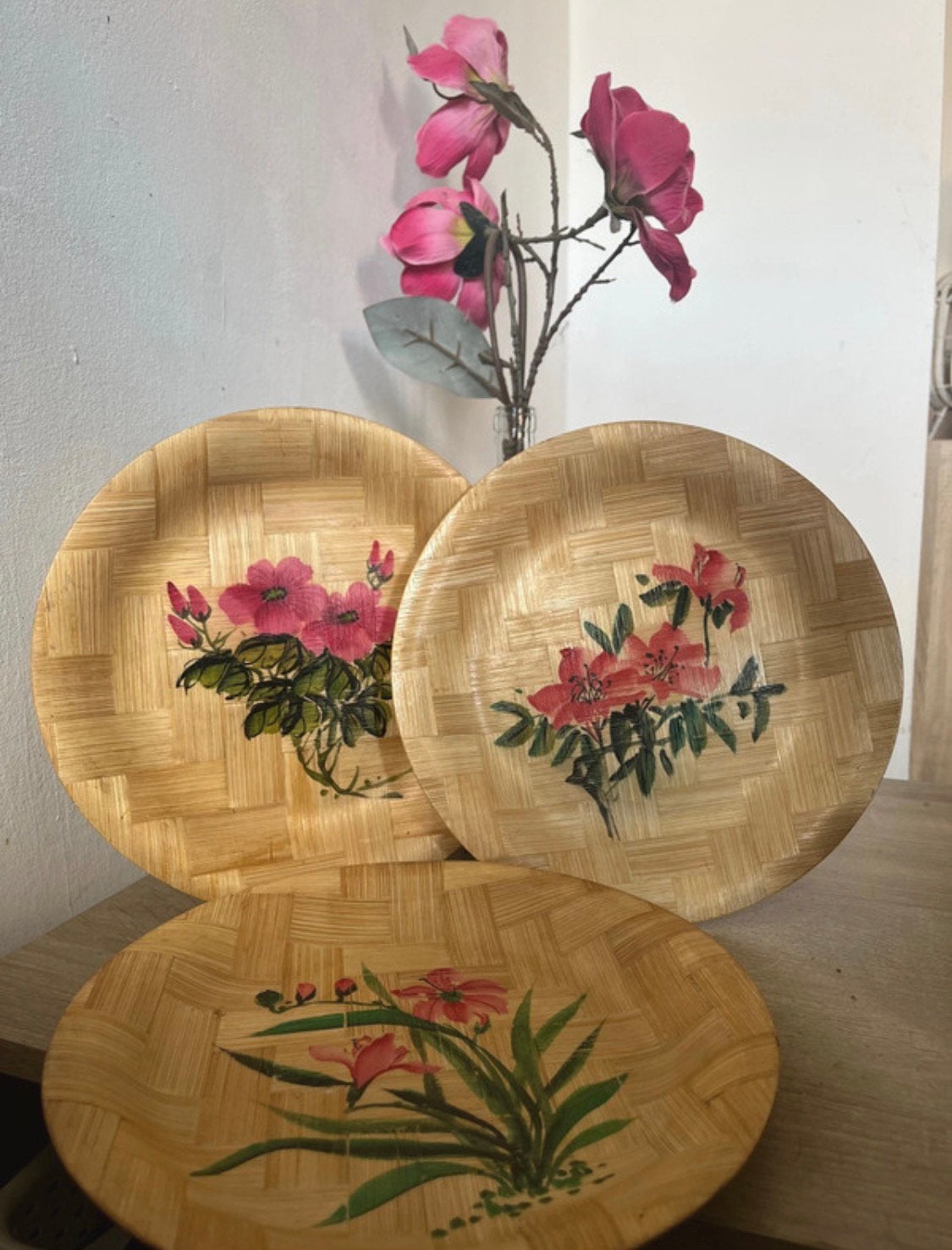 Vintage Bamboe Wandborden Schalen met Bloemen Jaren 70 Boho, Ophalen of Verzenden, Zo goed als nieuw, Roze, Hout