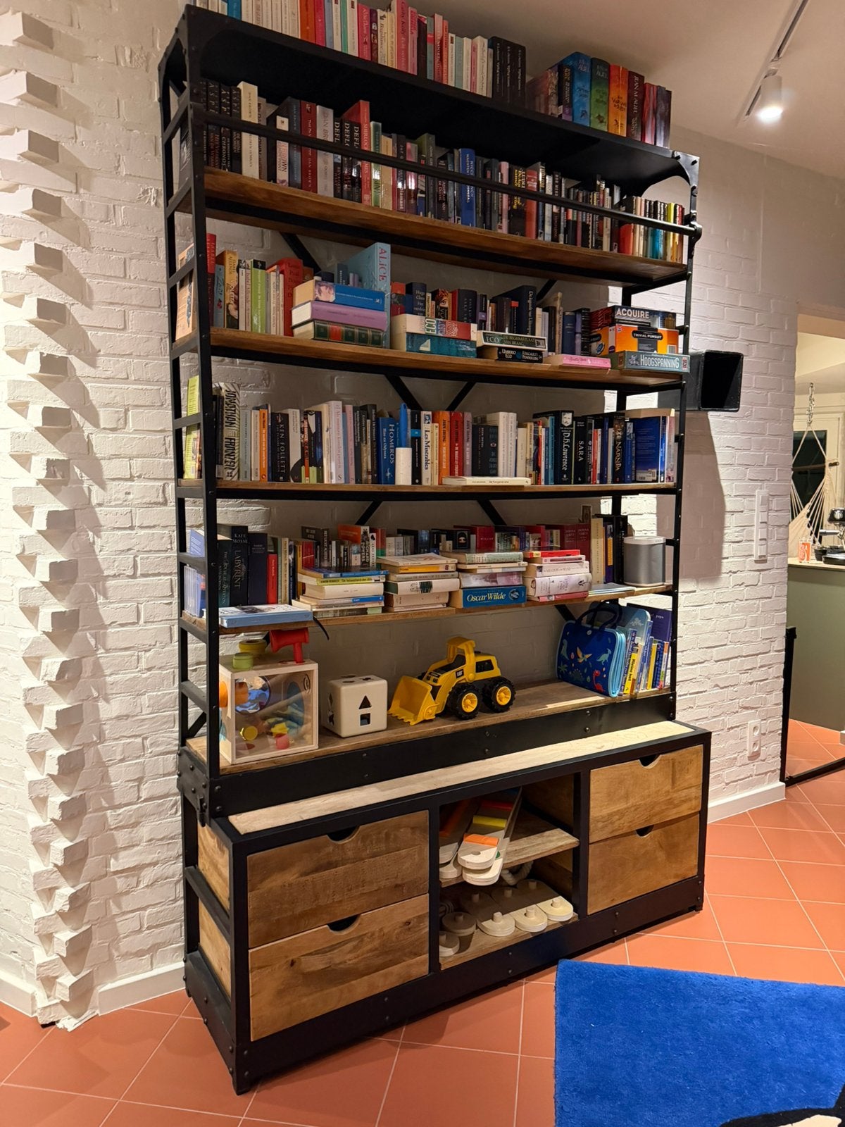 Grote hout met zwart metalen boekenkast, planken en lades, Ophalen, Industriele look, 200 cm of meer, 150 tot 200 cm