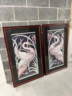 2 gestileerde Art Deco geïnspireerde reigers in hun lijsten, Antiek en Kunst, Ophalen, Zeefdruk, Dieren, Overige materialen