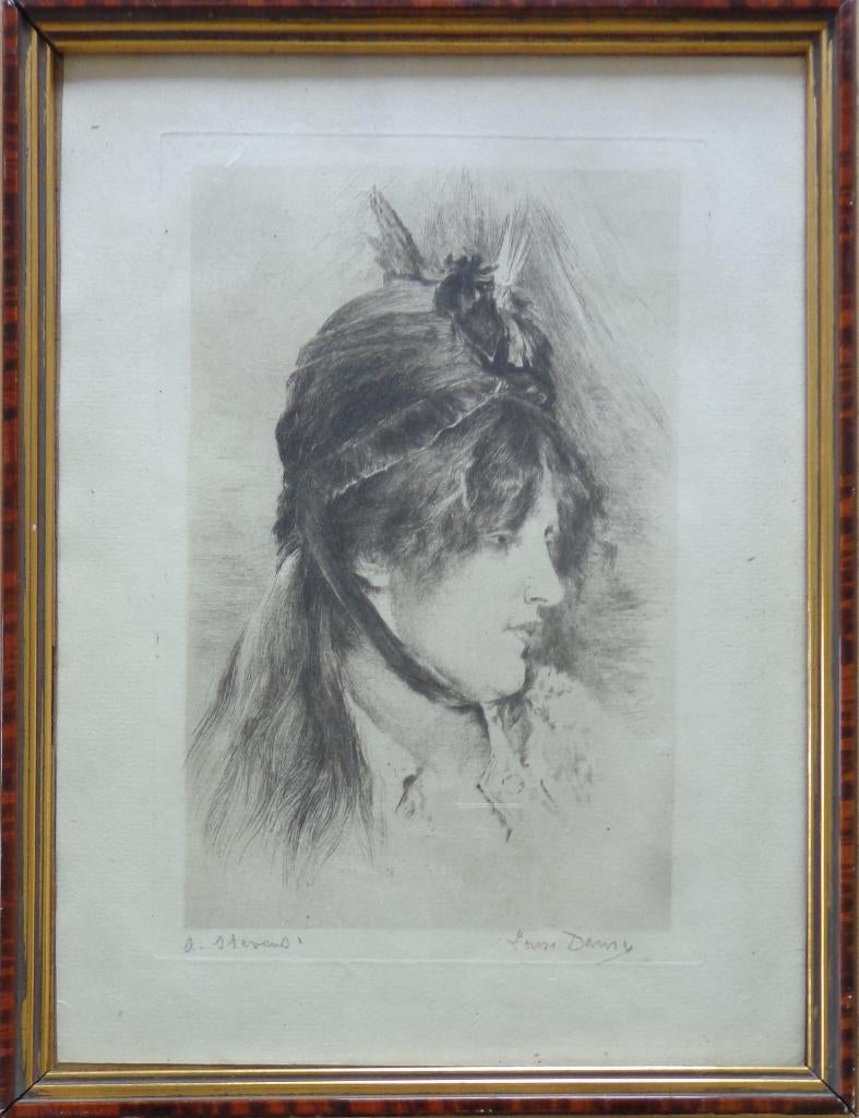LOUISE DANSE / VROUW MET HOED / ZW-W ETS / 32x24cm / KADER, Ets, Mythologie, Ophalen of Verzenden, Gesigneerd