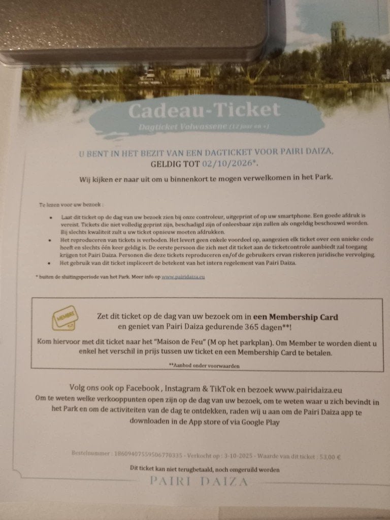 PAIRI DAIZA DAGTICKET TEM 1 OKTOBER 2026: 35 EUR IPV 53, Tickets en Kaartjes, Eén persoon, Ticket of Toegangskaart