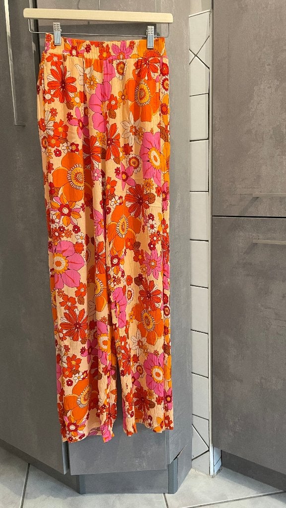 BERSHKA fluwelen broek met oranje print XS, Oranje, Zo goed als nieuw, Maat 34 (XS) of kleiner, Lang