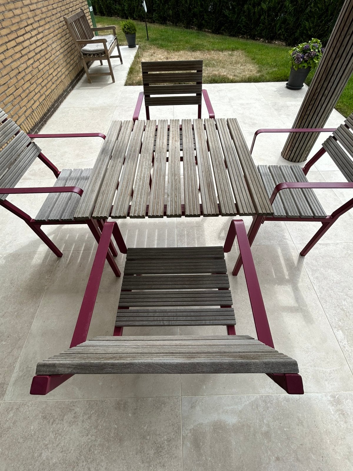 Tuinset in staal gecoat en bangkirai hout, Ophalen, 4 zitplaatsen, Gebruikt, Hardhout