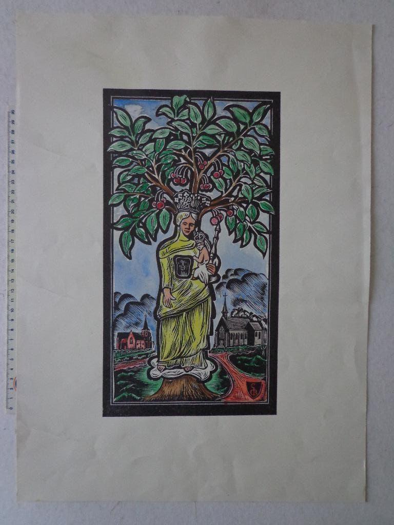 Houtsnede Maria achter een bloeiende boom monogram GDB, Antiek en Kunst, Kunst | Etsen en Gravures, 1950 - 1999, Religie, Ophalen of Verzenden