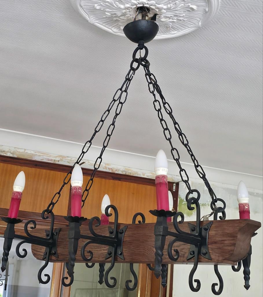 Prachtige Rustieke Kroonluchter – Eiken Balk met Smeedijzer, Huis en Inrichting, Ophalen, Gebruikt, Glas, Landelijk, cottage, stoer industrieel