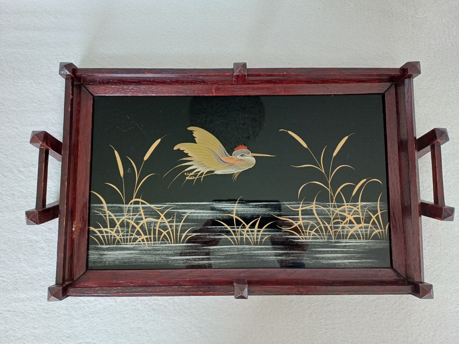 Vintage dienblad in Japanse stijl, met de hand beschilderd., Huis en Inrichting, Woonaccessoires | Dienbladen, Ophalen, Gebruikt