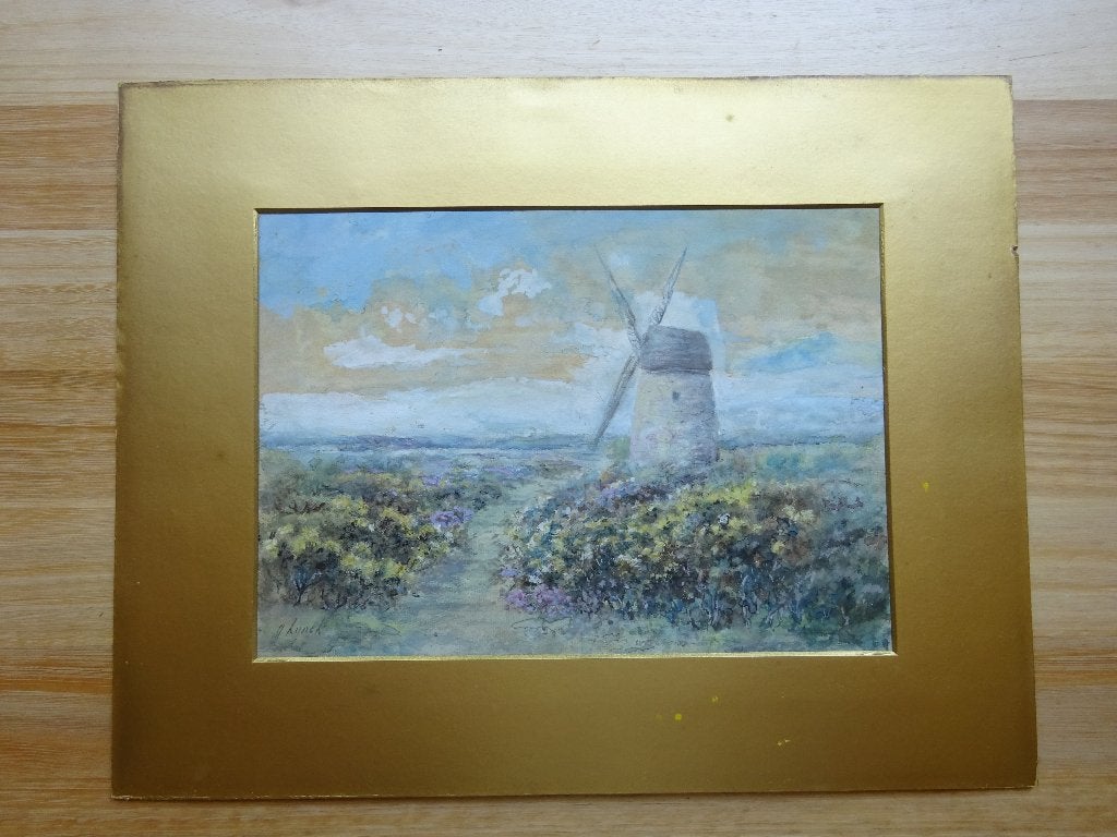 Molenzicht, aquarel, 25 x 35 cm, onleesbaar signatuur, Aquarelle, Paysage, Peint à la main, Enlèvement