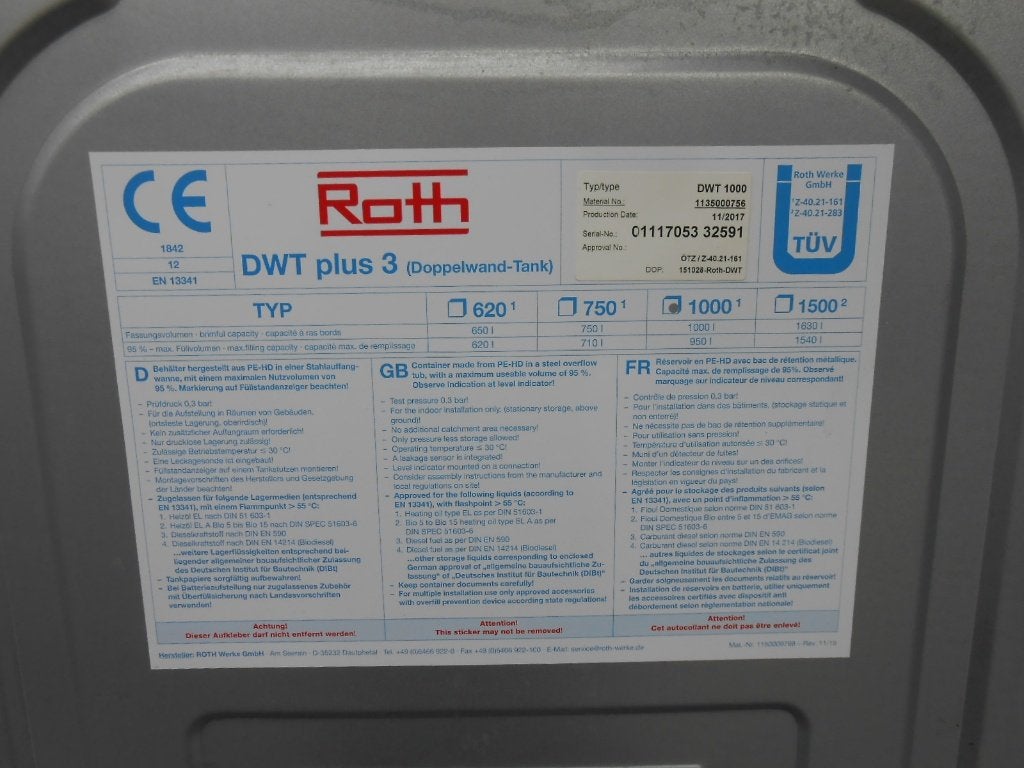 Mazouttank 1x 1000 l ROTH DWT 1000 DUBBELWANDIG 2017, Ophalen, Gebruikt, Overige typen, 60 tot 150 cm