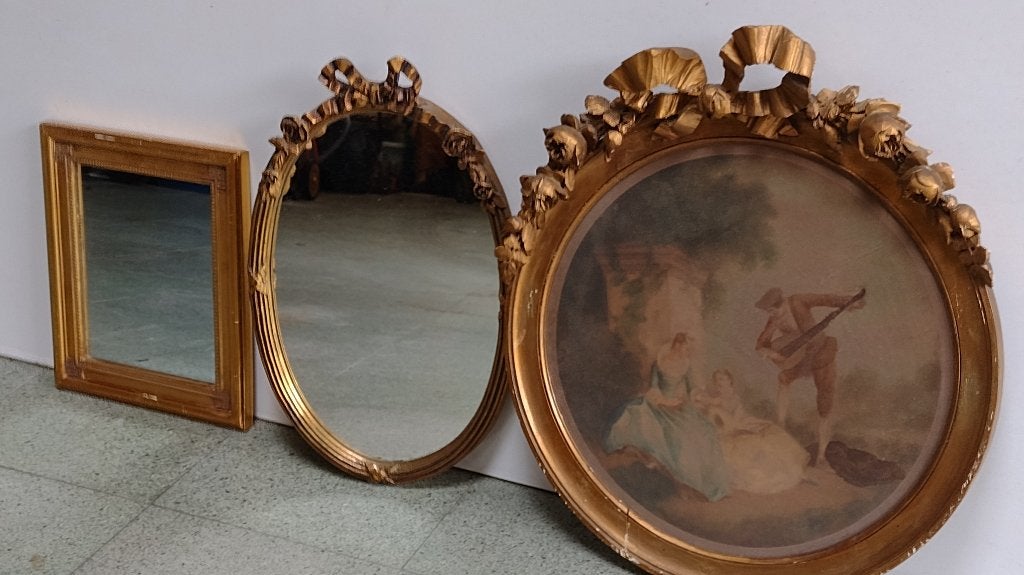 antiek vergulden spiegeltjes + ronde fotokader, Antiek en Kunst, Ophalen, Rechthoekig