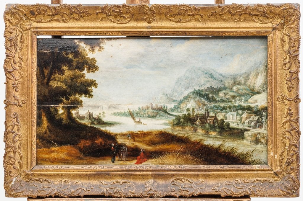 Antiek schilderij op houten paneel, Enlèvement, Peinture à l'huile, Paysage, Panneau