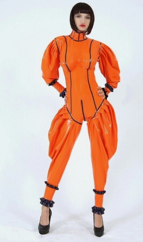 Oranje latex catsuit XS/S fetish rubber, Ophalen of Verzenden, Nieuw