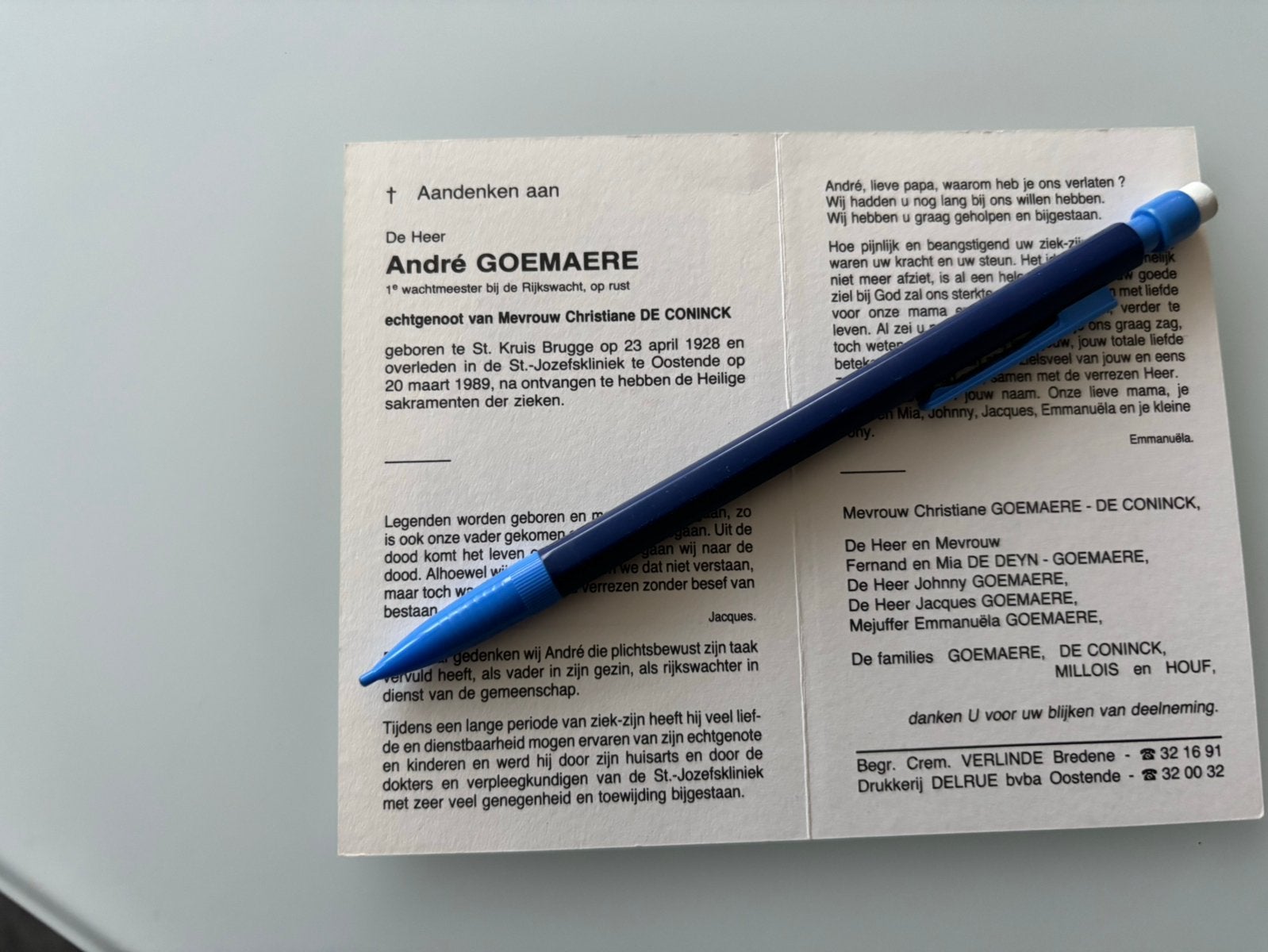 1ste wachtmeester op rust Rijkswacht, Verzamelen, Bidprentjes en Rouwkaarten, Verzenden, Bidprentje