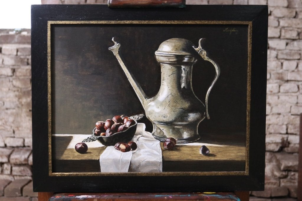 Stilleven Jan Steen-kan, kastanjes – Marjolein van den Berg, Ophalen, Acrylverf, Gesigneerd, Stilleven