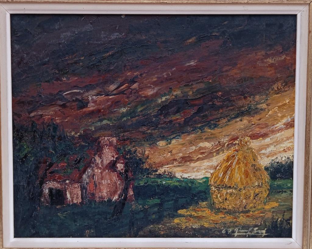 schilderij 1967 gesigneerd platteland met hooimijt, Antiek en Kunst, Kunst | Schilderijen | Klassiek, Ophalen of Verzenden