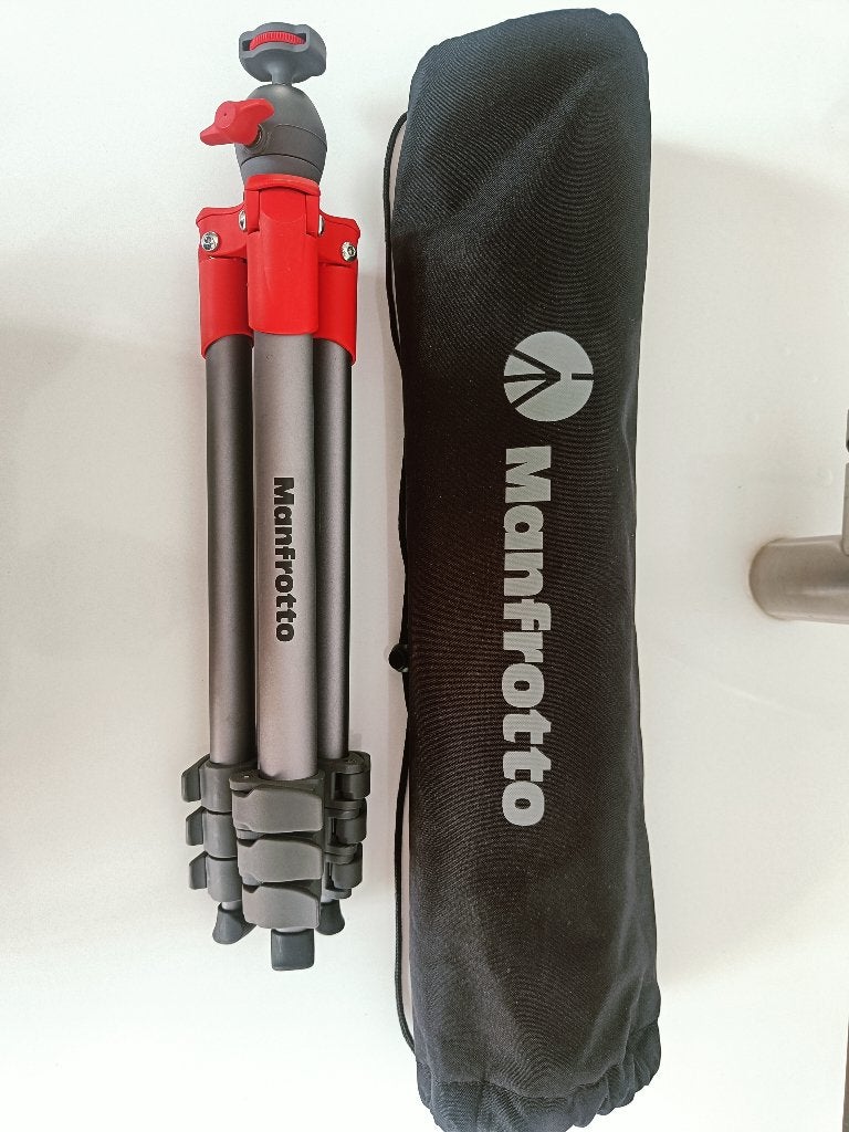 Manfrotto compact lite statief rood grijs, Ophalen, Zo goed als nieuw, Driepoot, Met balhoofd