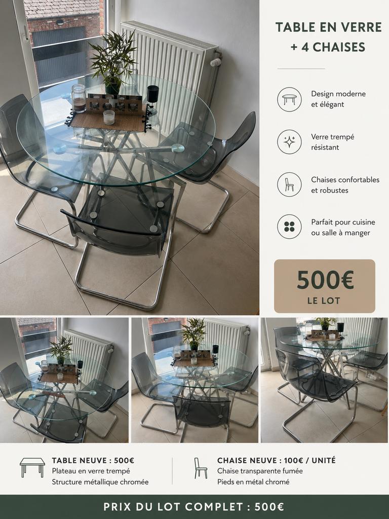 Table en verre + 4 chaises design, Maison & Meubles, Tables | Tables à manger, Enlèvement, Comme neuf, Verre
