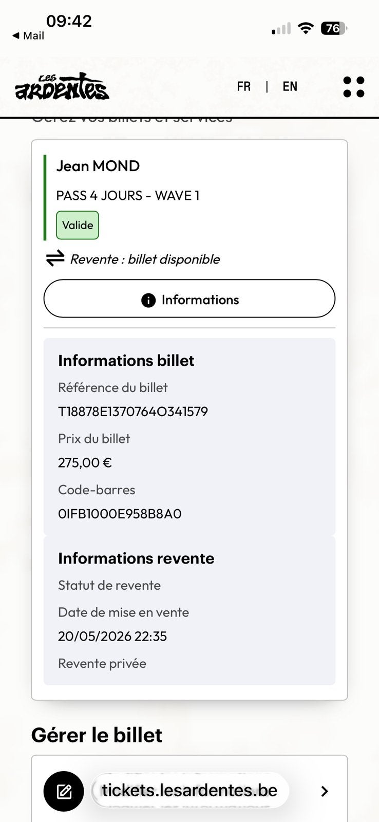 Les Ardentes 1 pass 4 jours