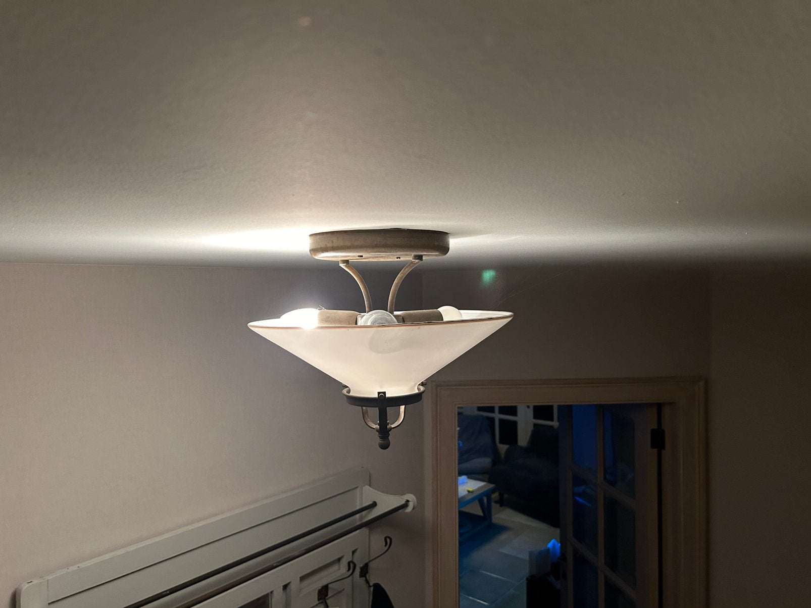Prachtige plafondlamp in koper en porcelein, Ophalen, Gebruikt