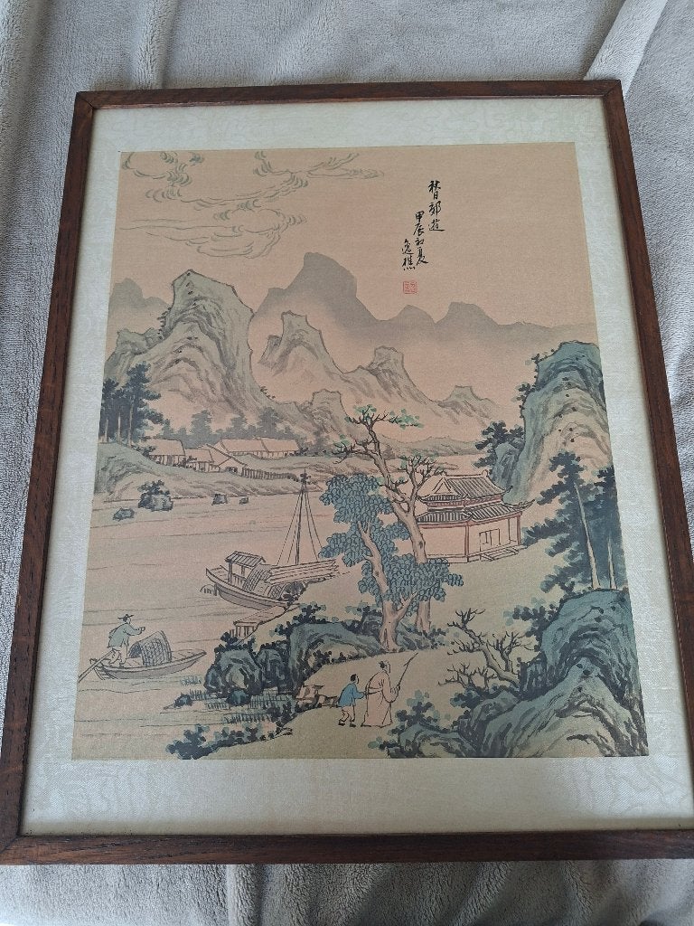 Estampe asiatique sur soie encadrée, Enlèvement ou Envoi