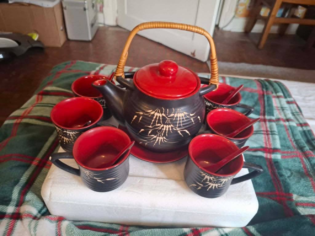 Compleet keramisch theeservies, decor van bamboe, Ophalen, Aziatisch, Gebruikt, Keramiek