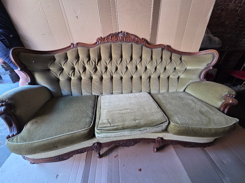 Antieke 3-zits salonbank + 2 fauteuils – groen velours, Antiek en Kunst, Ophalen