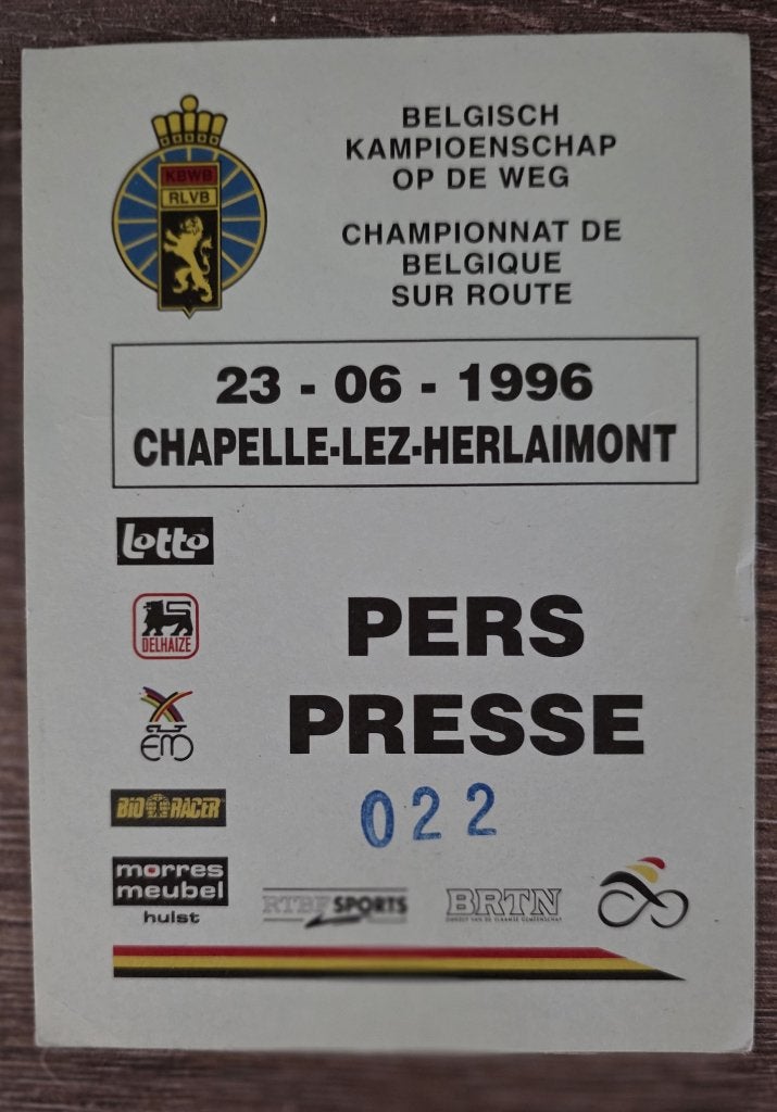 Accreditatie Belgisch Kampioenschap wielrennen 1996, Verzamelen, Ophalen of Verzenden, Gebruikt, Overige typen