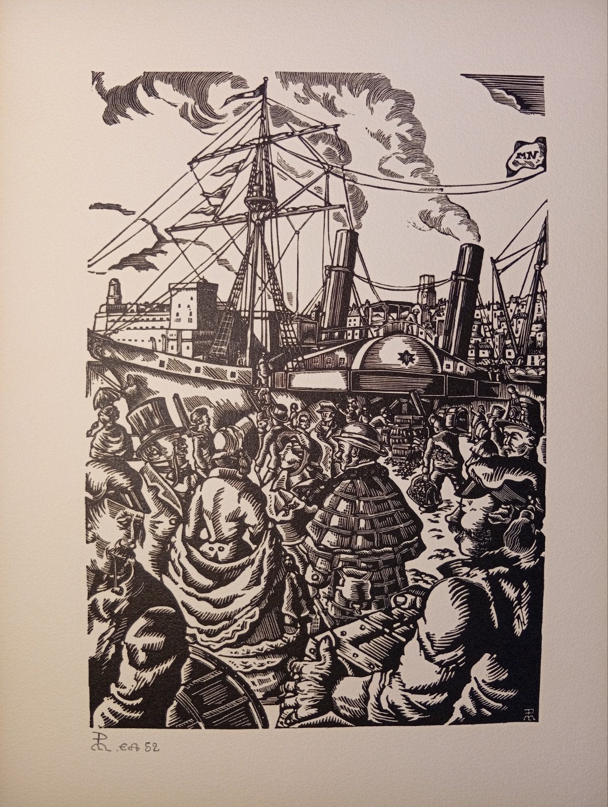 Embarquement sur le bateau. Lithographie ancienne signée., Antiquités & Art, Enlèvement ou Envoi, Lithographie