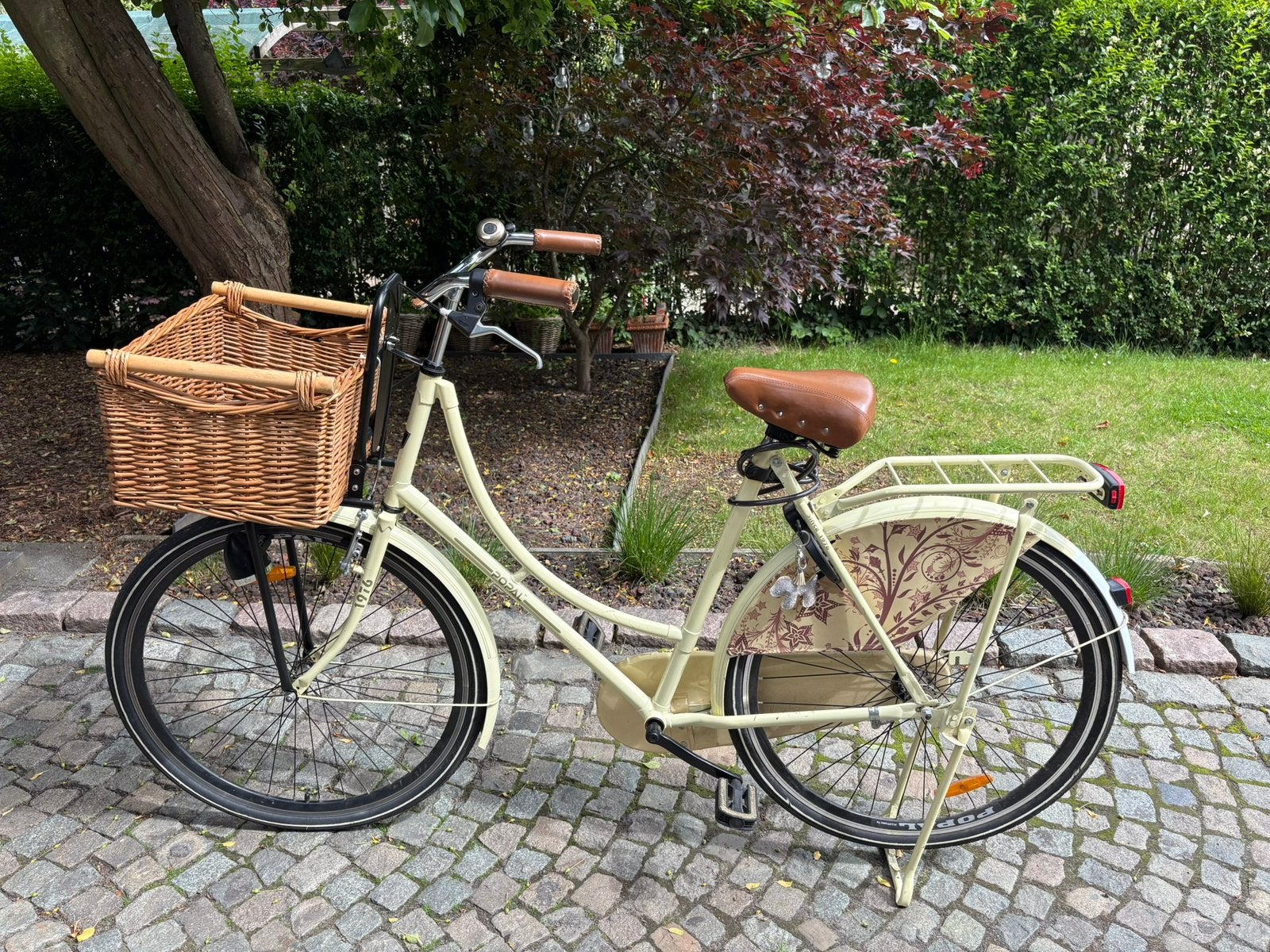 Popal hollandse fiets beige met lederen zadel met fietsmand, Ophalen, Gebruikt, Terugtraprem