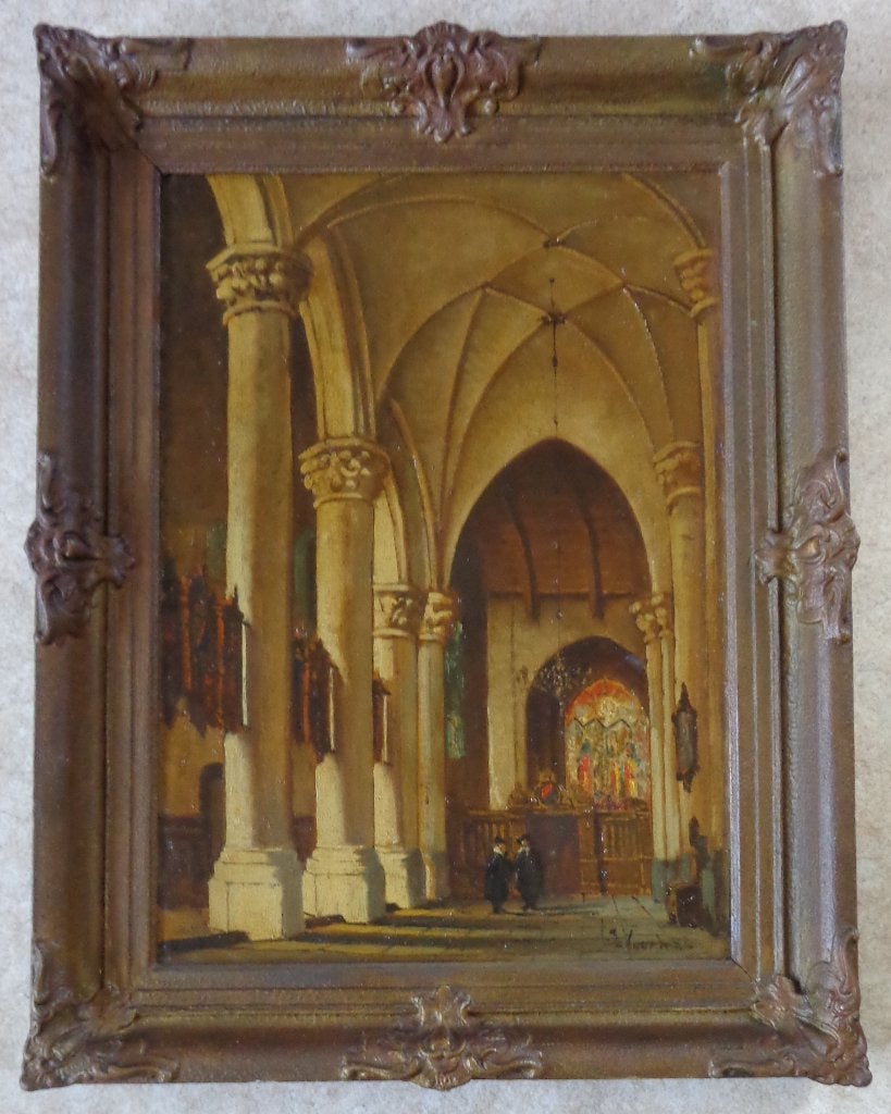 SCHUURMAN / BINNENZICHT KERK / OLIEVERF DOEK / 88x68cm KADER, Ophalen, Doek, Bijzondere lijst, Olieverf