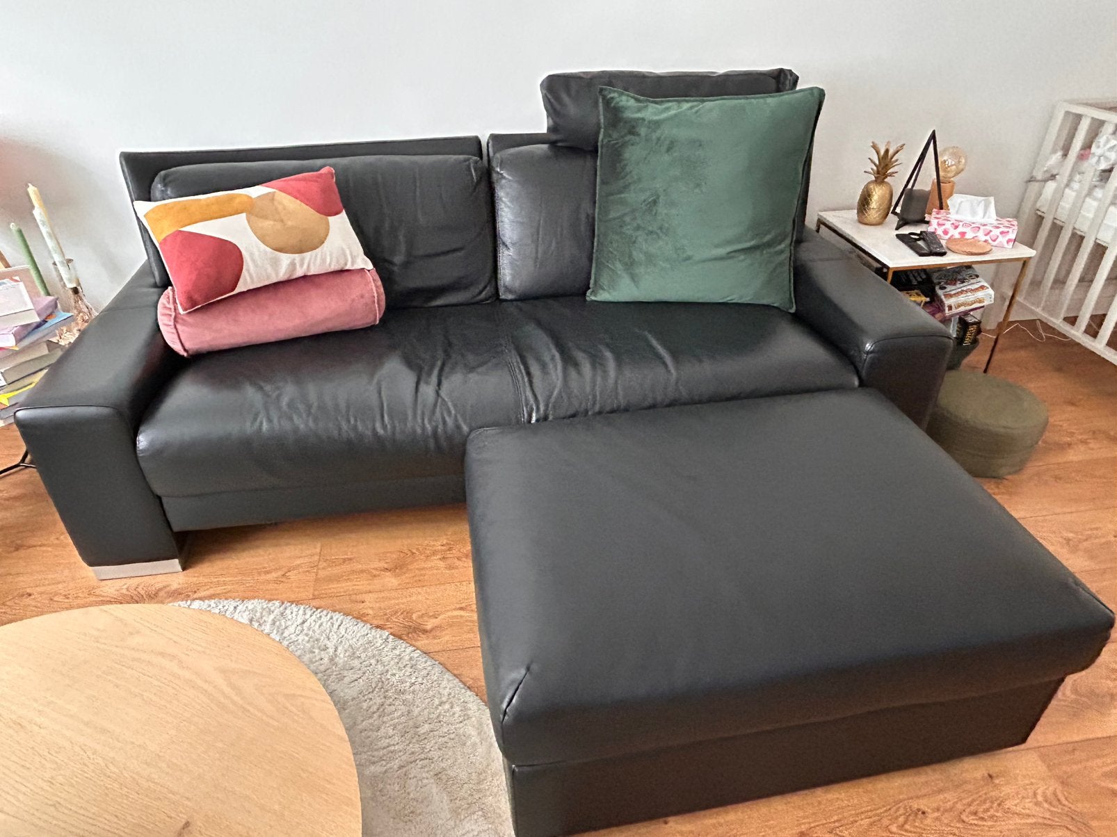 Italiaans zwart lederen salon: 3-zit, 2-zit, poef & neksteun, Ophalen, Gebruikt, Leer, Italiaans strak design