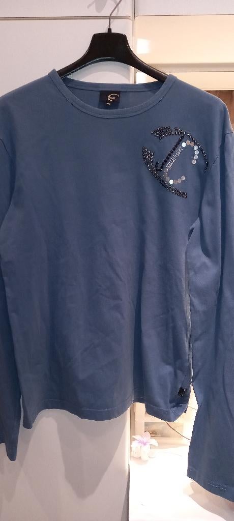 Blauwe longsleeve steentjes logo Just Cavalli maat 50, Kleding | Dames, Blouses en Tunieken, Zo goed als nieuw, Maat 46/48 (XL) of groter