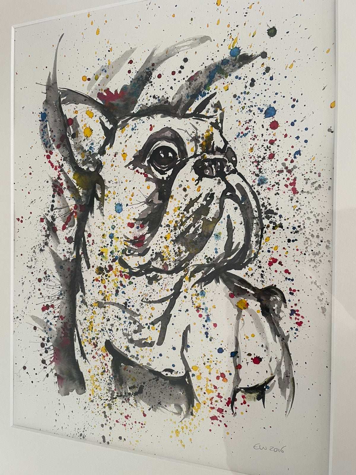 Ingelijste aquarel franse bulldog, Antiek en Kunst, Ophalen, Handgeschilderd, Aquarel, Dieren