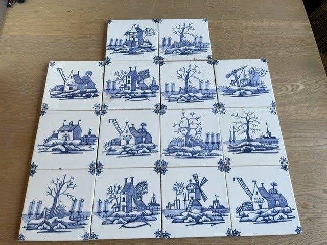 Oude Delfts blauwe tegels 14 stuks, Ophalen