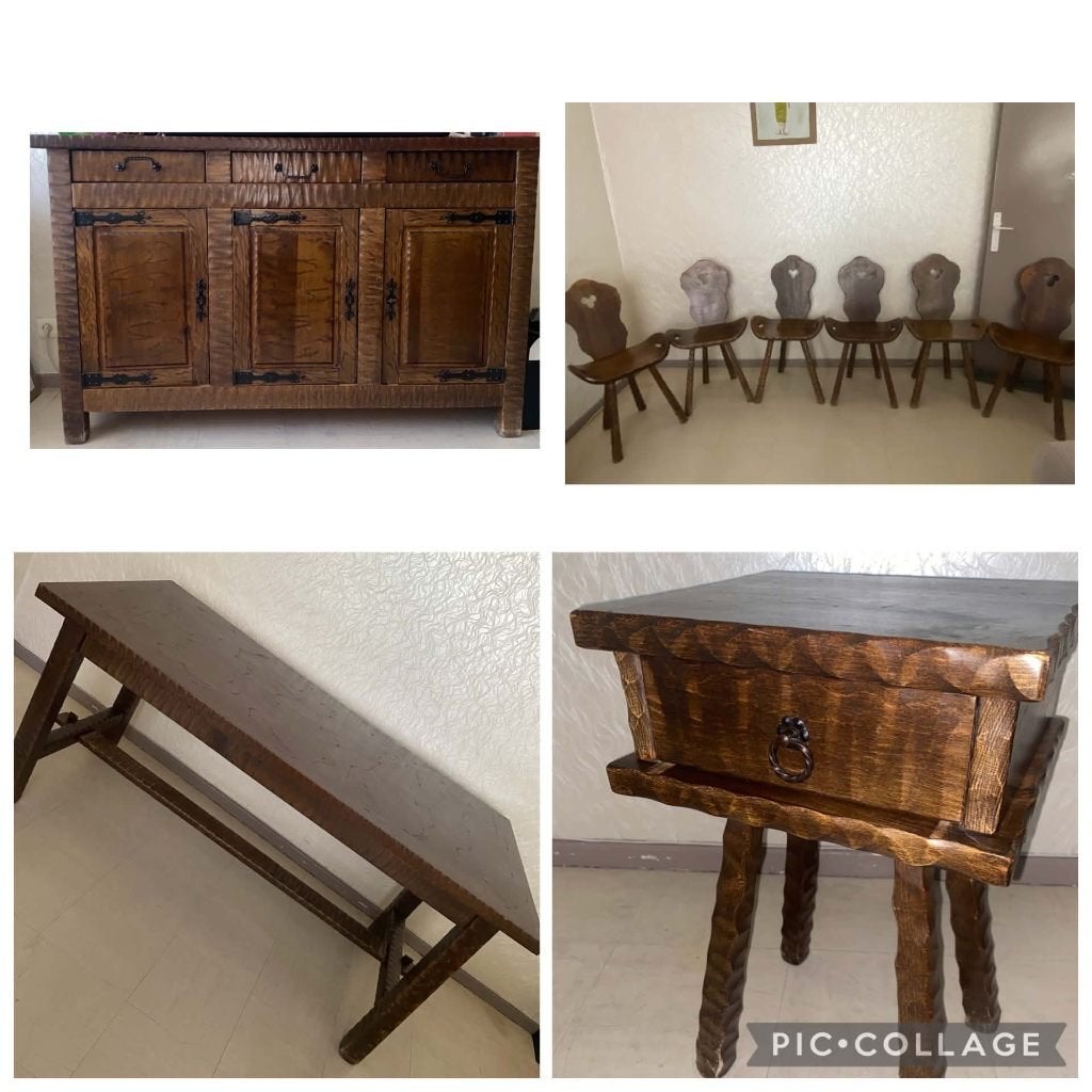 Salle à manger complète années 70- bois massif brutaliste, Maison & Meubles, Enlèvement, Utilisé, Brutaliste, 4 à 6 chaises