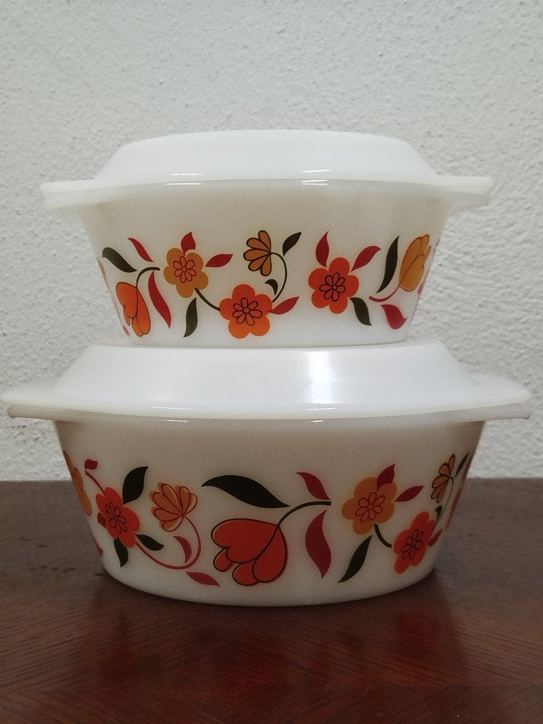2x Acropal France stoofschalen met deksel - Lotusbloemmotief, Ophalen of Verzenden