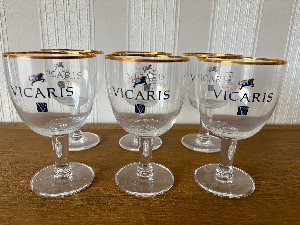 Ensemble de 6 verres à bière Vicaris avec bord doré, Collections, Marques de bière, Neuf, Verre ou Verres, Autres marques, Enlèvement ou Envoi