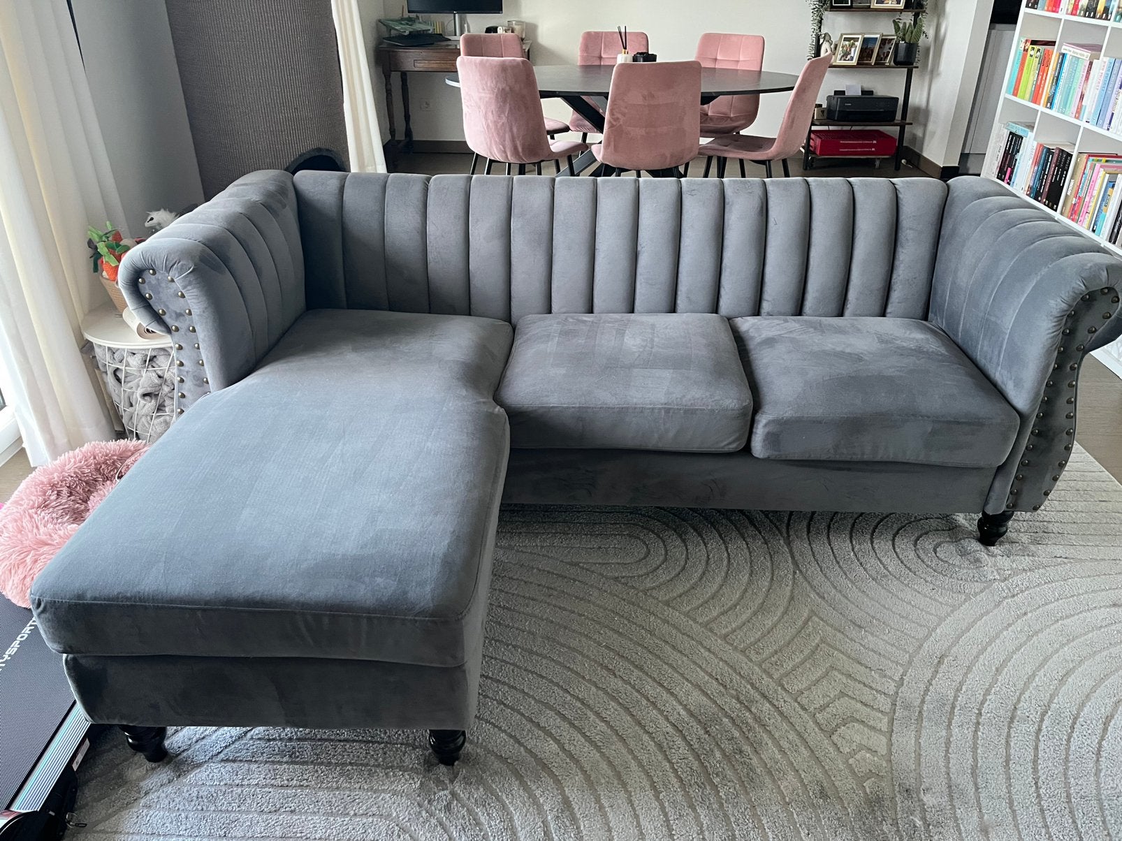 Omkeerbare hoekzetel antraciet velour (Chesterfield style), Trois personnes, 200 à 250 cm, 125 à 150 cm, Comme neuf