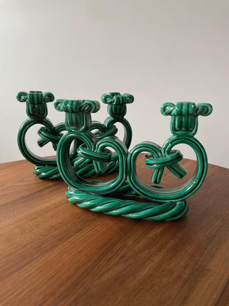 2 bougeoirs vert foncé Vallauris, Antiquités & Art, Enlèvement, Céramique ou Poterie