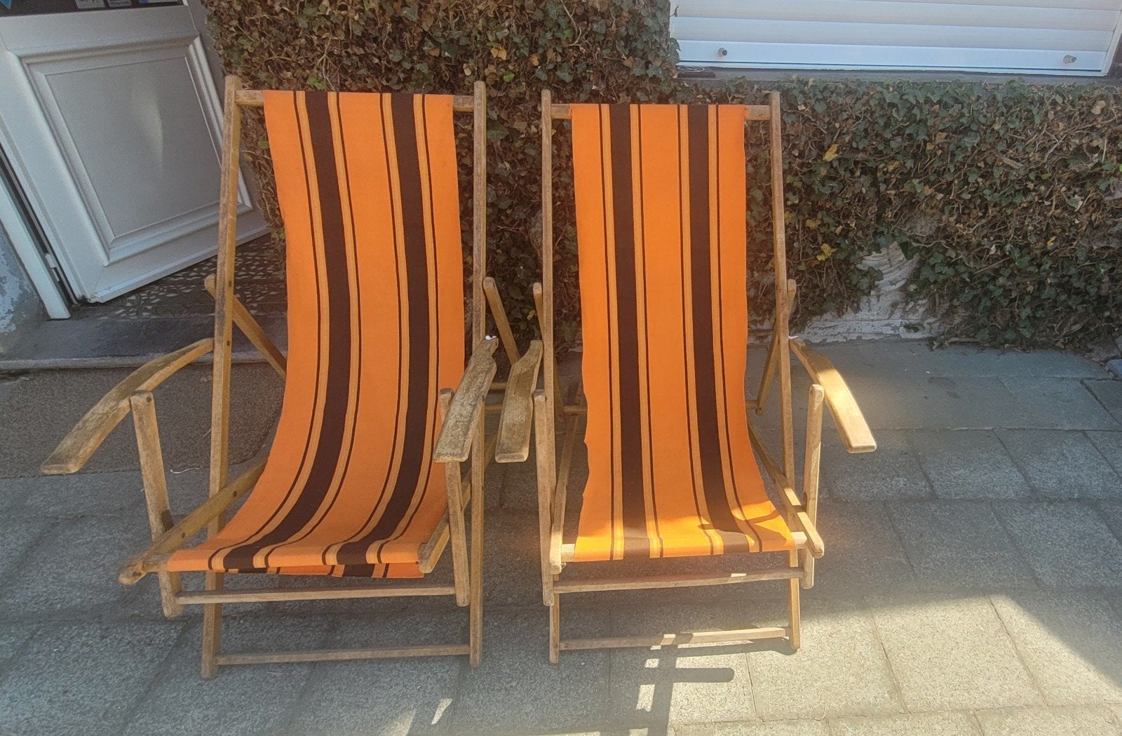 2 vintage strand klapstoelen fancy warme zomerse kleuren, Antiek en Kunst, Ophalen
