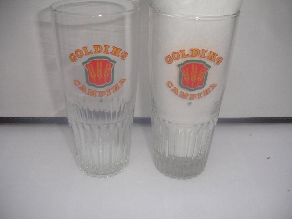 2 bierglazen Golding Campina, brij. Campina, voor € 1,50, Enlèvement ou Envoi, Comme neuf, Verre ou Verres, Autres marques