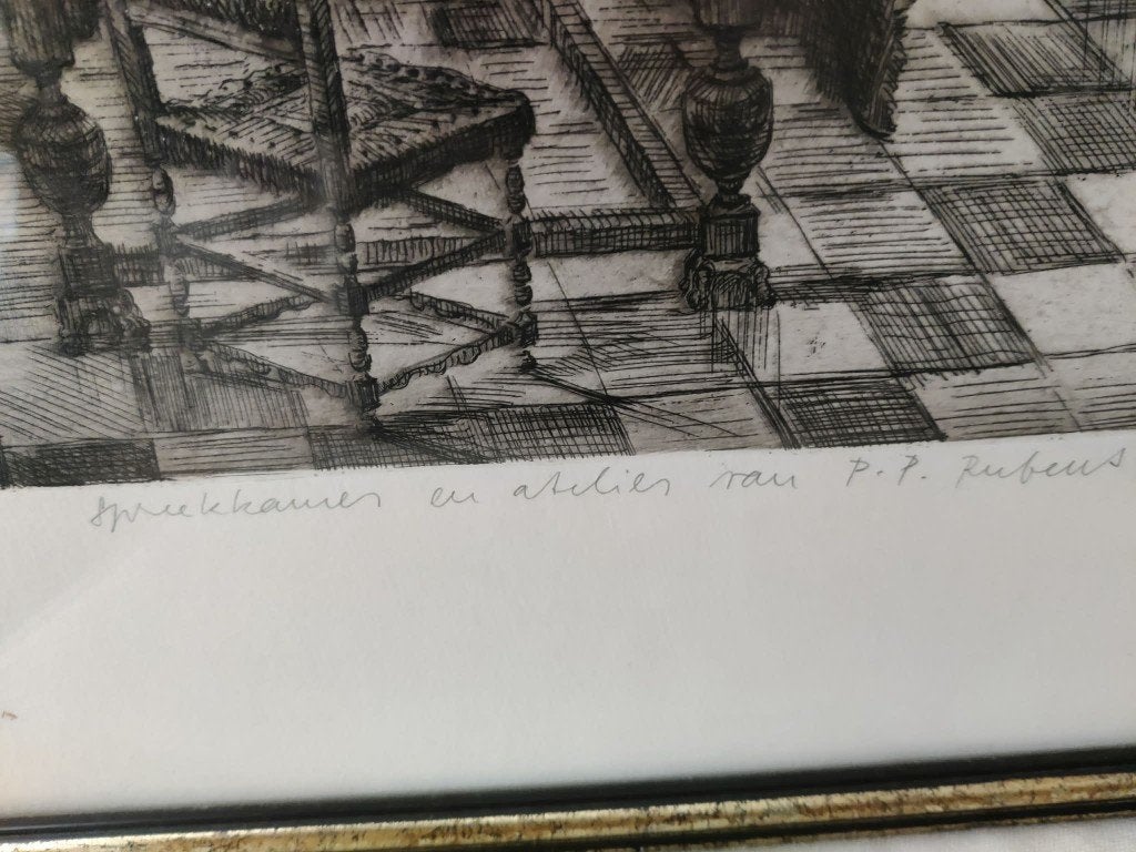 Ets spreekkamer en atelier van PP Rubens, Malfliet Romain, Antiek en Kunst, Ophalen of Verzenden, Ets, Gesigneerd