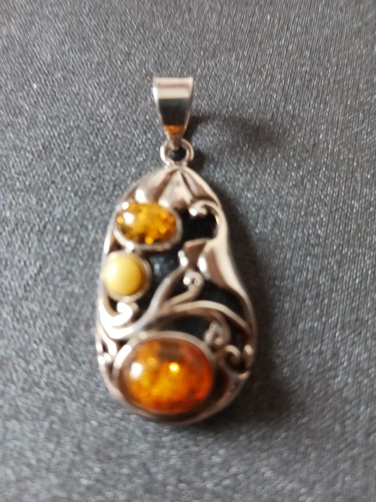Pendentif 3 ambre de la Baltique argent massif poinçon, Argent, Argent
