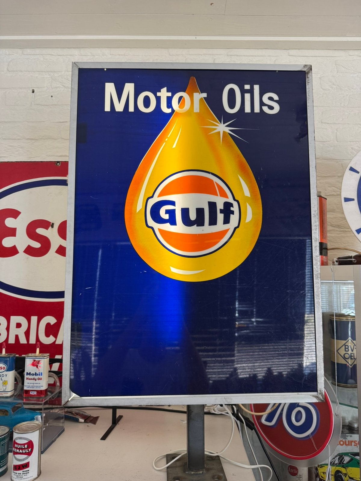 Ancienne boîte à lumière publicitaire Gulf Motor Oil, Enlèvement, Utilisé, Table lumineuse ou lampe (néon)